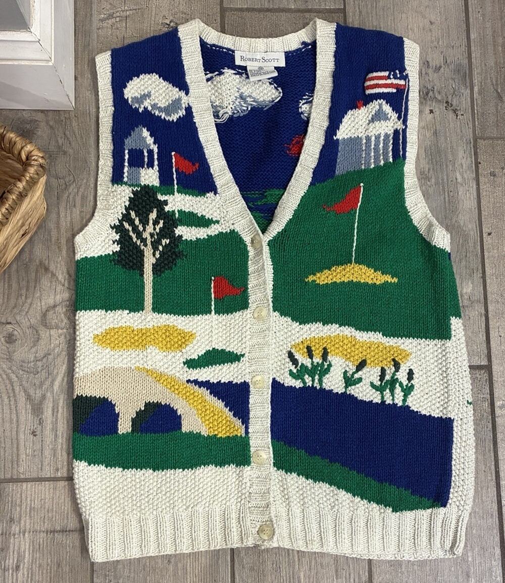 Vintage Robert Scott Golf Novelty Knit Sweater Vest Women’s M Cottagecore